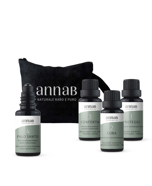 il Kit Aromaterapia contiene:  Proteggi, mix oli essenziali ad azione difensiva - Cura, mix oli essenziali terapeutico - 1 Conforta, Mix oli essenziali equilibrio e buonumore - 1 Palo Santo - Olio essenziale del sollievo